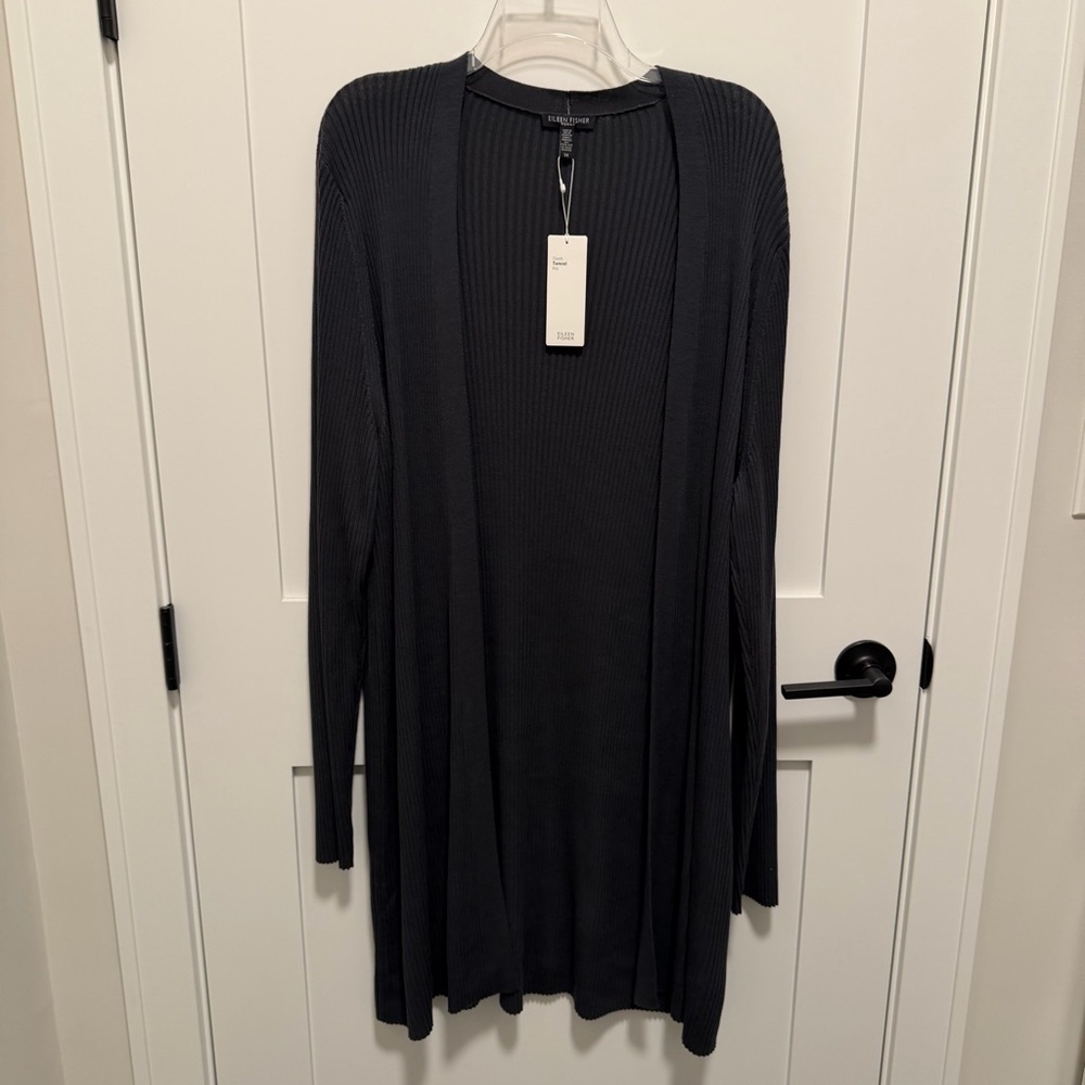 $318 NWT Eileen Fisher 3X Graphite Gray Sleek Tencel Rib Open Cardigan Sweater
